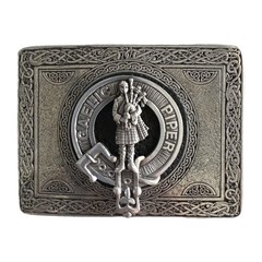 Rectangle Pewter Clan Belt Buckle w/ Pewter Gaelic Piper Crest Pin (Removeable)
