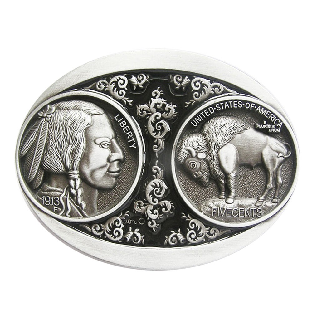 Vintage US 5 Cent Buffalo Nickle Indian Western Black Enamel Metal Belt Buckle