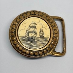 Vintage Belt Buckle Mens Solid Brass Nautical Scrimshaw Sailing Ship Maritime