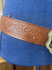 Vintage Brown Tooled Leather Belt with Bald Eagle Belt Buckle Silver Gold 38&Prime;
