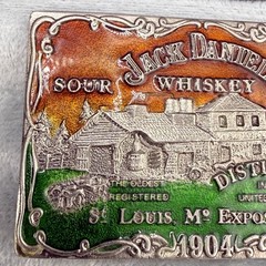 Vintage Belt Buckle Jack Daniel’s Whiskey Enamel Silver Tone Worlds Fair
