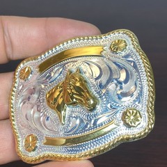 JUSTIN Silver Mexico Horse Head 2-5/8”x2-1/8” Belt Buckle SHINY GOLD SILVER Tone
