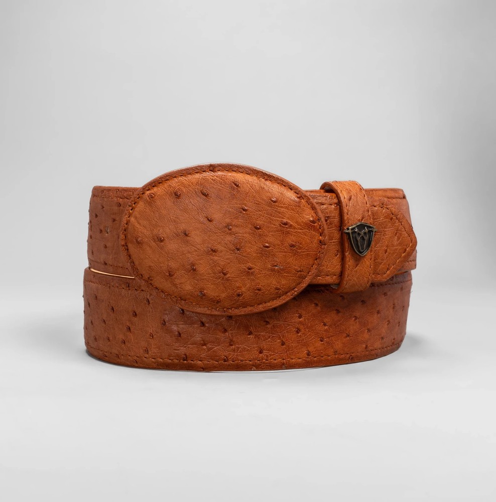 Men’s Cognac Ostrich Original Exotic Leather Cowboy Belt 1.5&Prime; Oval Buckle