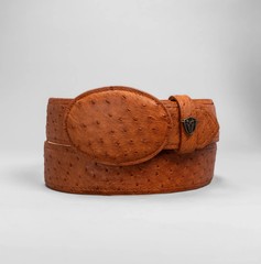 Men’s Cognac Ostrich Original Exotic Leather Cowboy Belt 1.5&Prime; Oval Buckle