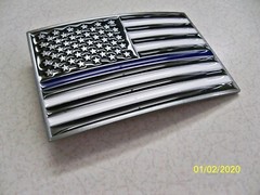 Glossy, Patriotic U.S.A. Flag Blue Line Police, Policeman metal belt Buckle, New
