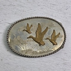 Vintage German Silver Enamel Mallard Duck Belt Buckle Engraved Western Rope Edge