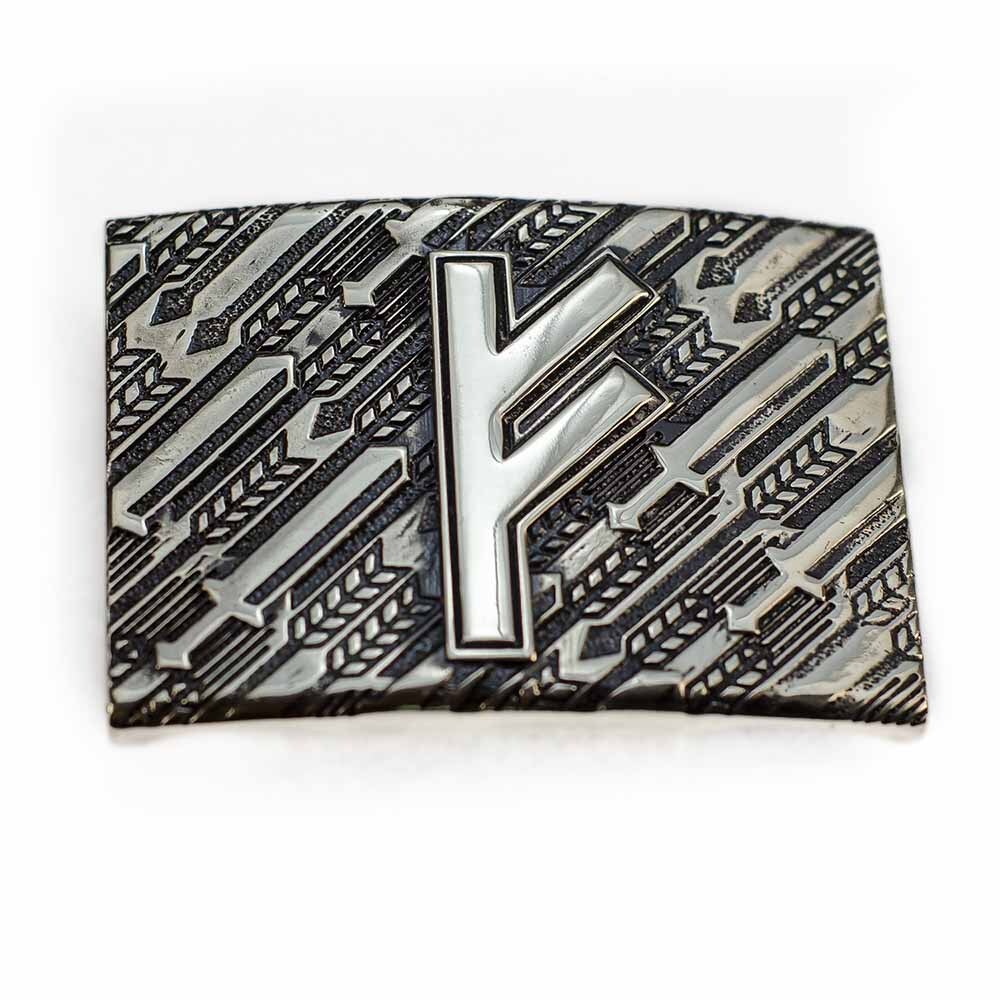 Fehu runic german silver belt buckle, Feoh Wealth Rune Old Norse Scandinavian