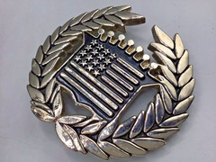 2 vtg belt buckles – Cadillac Emblem U.S. Flag #8387 & 1998 Pewter ARIZONA #265