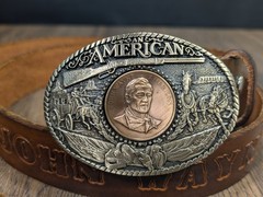 Vintage ~ John Wayne Hand Tooled Leather Belt w/ Solid Brass JW American Buckle