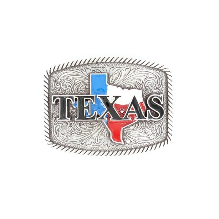 TEXAS ~Silver Western Belt Buckle~ Red, White, Blue FLAG State Square 37924