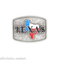 TEXAS ~Silver Western Belt Buckle~ Red, White, Blue FLAG State Square 37924