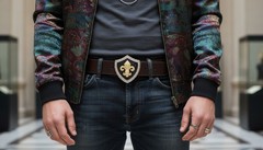 Men Belt Buckle Silver Metal Cowboy Western Gold Fleur De Lys Lily French Shield