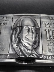 $100 Bill Benjamin Franklin Belt Buckle Combo With Hidden Flip Top Lighter New