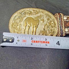 Vintage CRUMRINE Belt Buckle BRONZE Engraved HORSE Cowboy WESTERN Gold RODEO