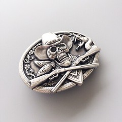 Vintage Silver Plated Skull Rifles Cowboy Metal Belt Buckle