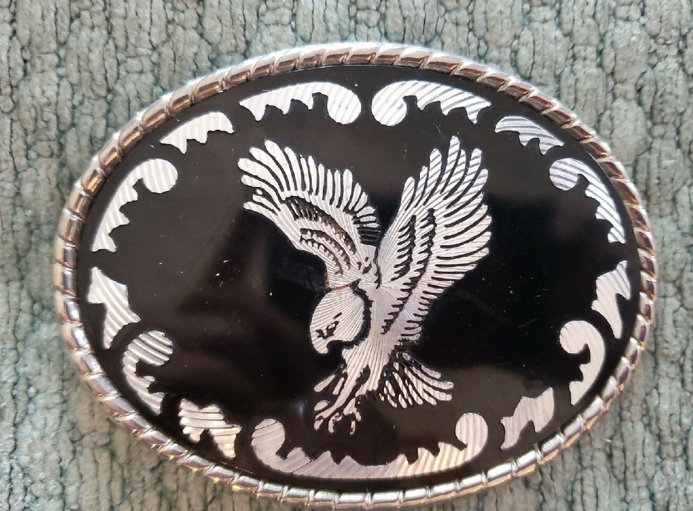 Vintage belt buckle black silvertone eagle W u.s.a.
