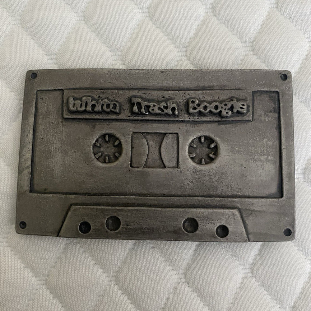 “White Trash Boogie” Cassette Tape Metal Belt Buckle, Antique Finish, 1.5in
