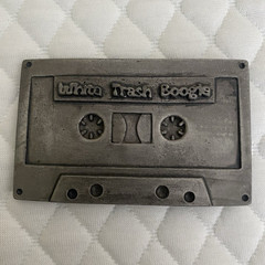 “White Trash Boogie” Cassette Tape Metal Belt Buckle, Antique Finish, 1.5in
