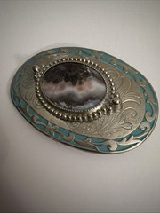 Southwestern Stone Belt Buckle Oval Floral Agate Western Silvertone