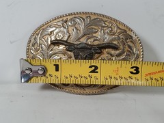 2 Tone Western Belt Buckle Dark Longhorn Steer on Floral Background Rope Border