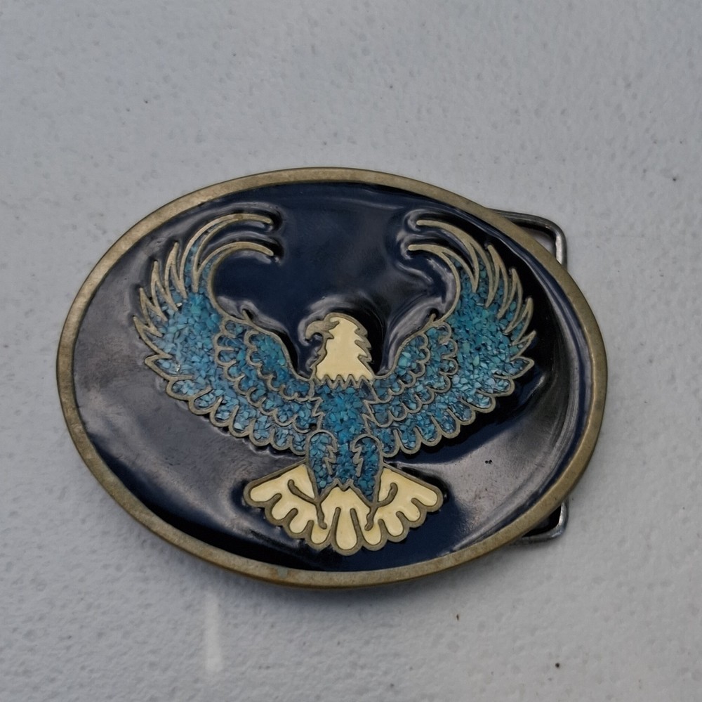 Men’s Silver/Blue Metal Western Eagle Belt Buckle, Oval, Fits 1.5in Belt