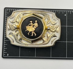 Western White Enamel Gold Tone Belt Buckle Couple Dancing Dance Floral Scroll