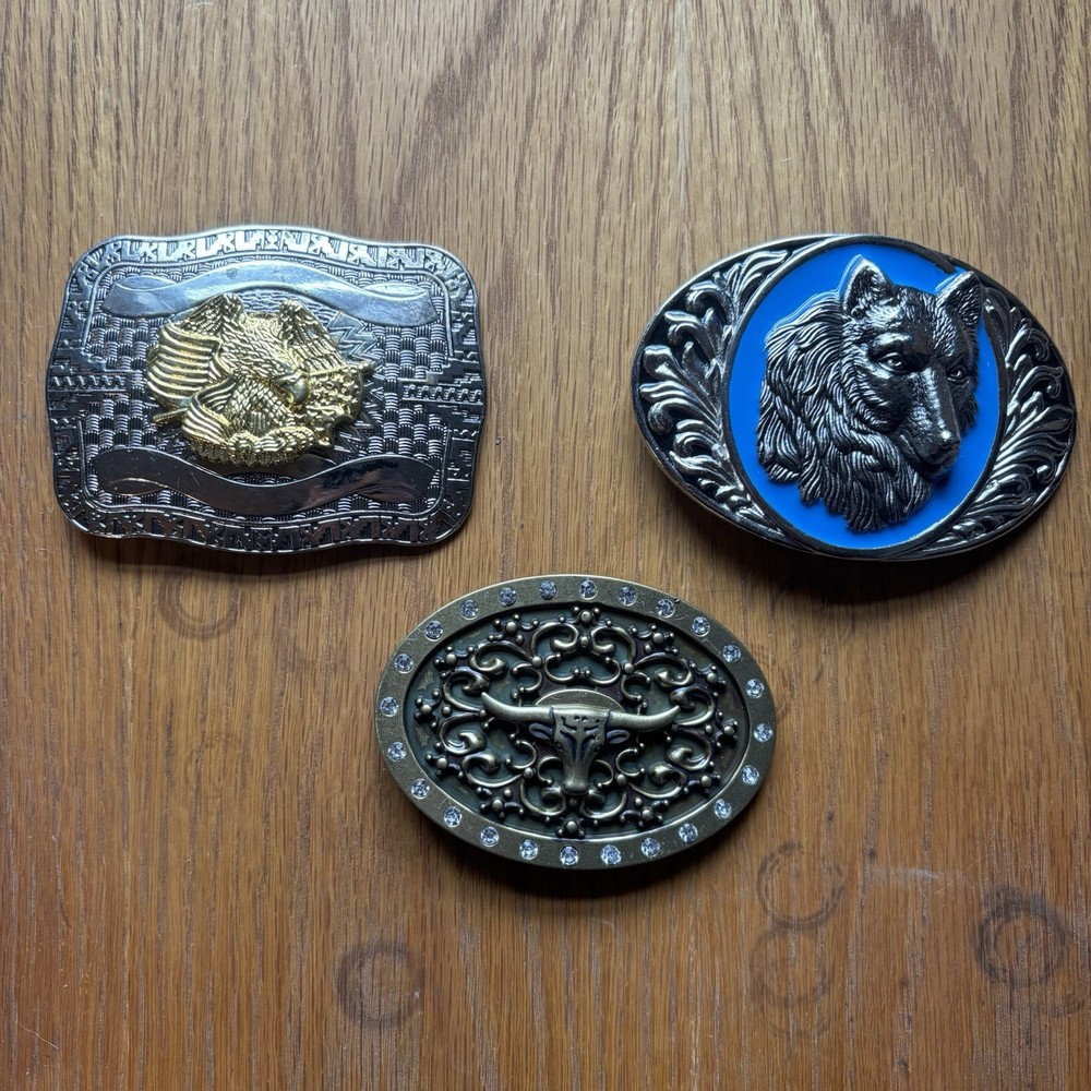 Metal Belt Buckles – Lot of 3 – Wolf Head Bull Head Eagle Designs