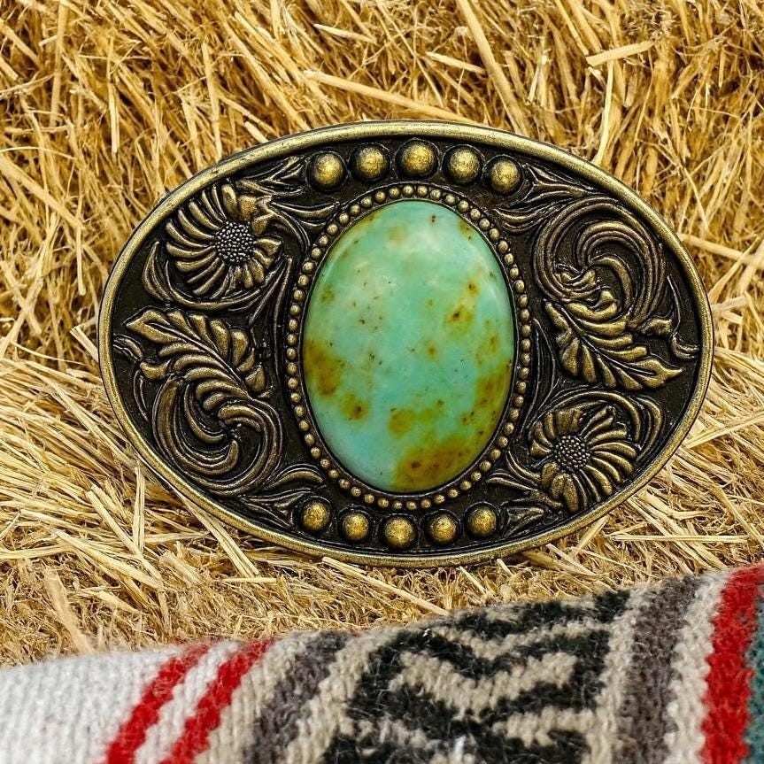 Teal Turquoise Stone Western Belt Buckle Cowboy Brass Agate Inlay 1.5in Strap