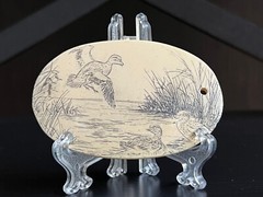 VTG Faux Bone Scrimshaw Carved Wild Goose Scenery&Display Stand/was Belt Buckle?