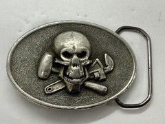 Mechanic Skull Crossed Wrench Hammer Tool Solid Fine Pewter Belt Buckle