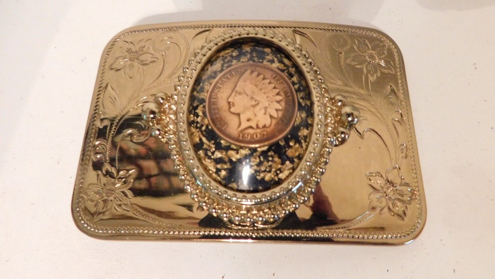 Gold belt buckle with 1907 indian head coin