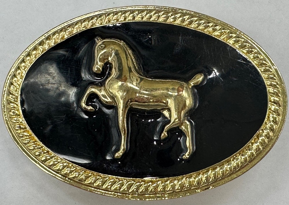 BELT BUCKLE GOLD TONE BLACK ENAMEL HORSE SIGNED FORNASH MEN WOMEN UNISEX