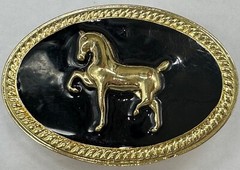 BELT BUCKLE GOLD TONE BLACK ENAMEL HORSE SIGNED FORNASH MEN WOMEN UNISEX