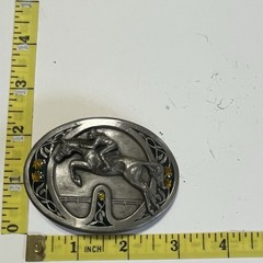 ~ Vintage 1985 Bergamot Brass Works Rider On Jumping Horse Belt Buckle p-42