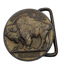 Vintage Buffalo Belt Buckle Brass Tone Bison Five Cents Western Q7