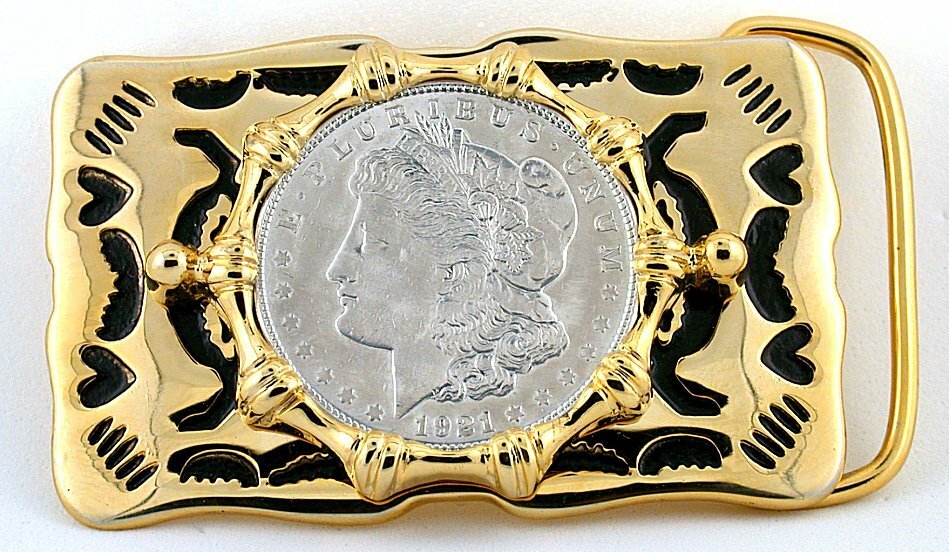 Gold Color Western Southwest REAL 1921 Morgan Silver Dollar Belt Buckle PBB46