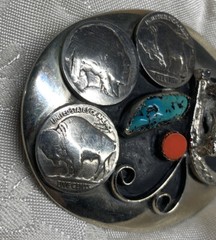 Vtg American Belt Buckle Genuine Turquoise Coral 3 Buffalo Nickels, Horse & Shoe