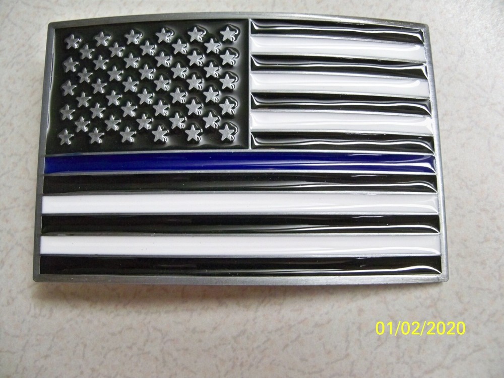 Glossy, Patriotic U.S.A. Flag Blue Line Police, Policeman metal belt Buckle, New