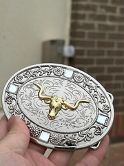 Western Longhorn Buckle Men Unisex Clear Rhinestone Oval Silver Zinc Fit 2 »