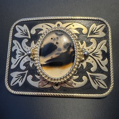 Vintage Belt Buckle Western Style Gold Ornate with Large Brown Oval Stone