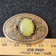 Vintage Western Floral Belt Buckle Yellow-Green Serpentine-Style Stone