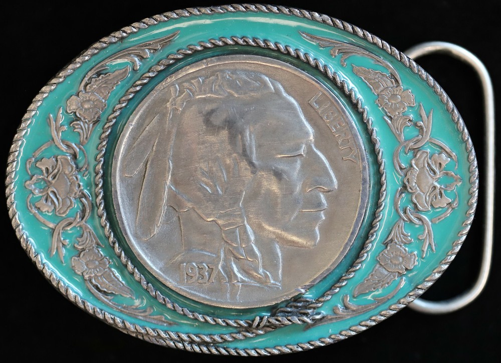 Siskiyou Oval 1937 Buffalo Nickel Coin Enamel & Metal Belt Buckle E-5